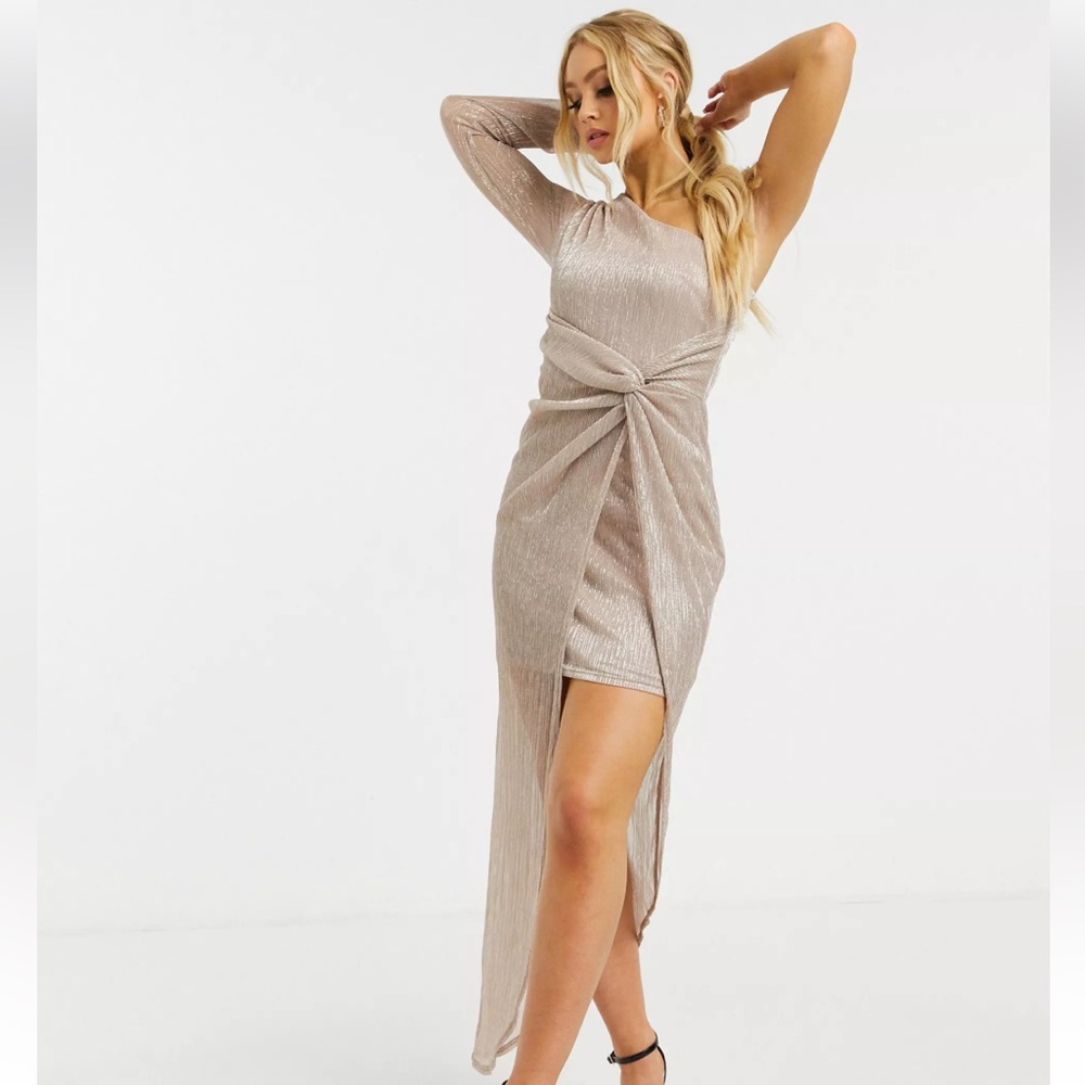 Lipsy one shoulder metallic maxi dress in gold Size 12